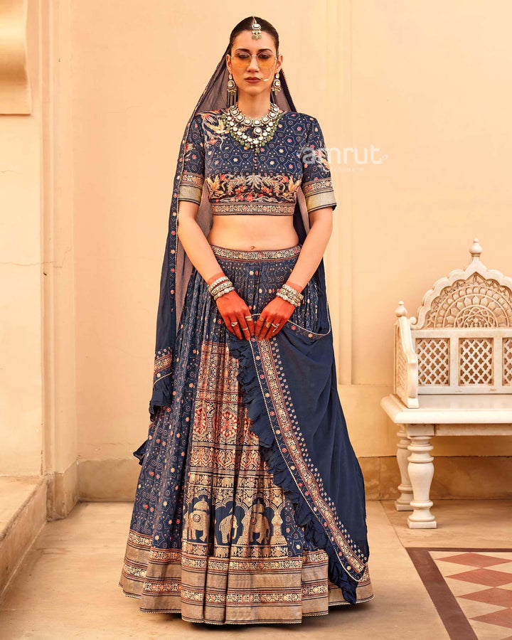 Blue Printed Lehenga Set and Men Kurta Set