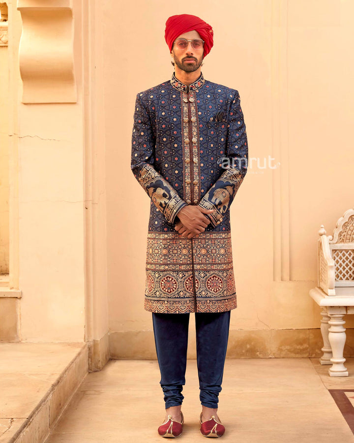 Blue Printed Lehenga Set and Men Kurta Set