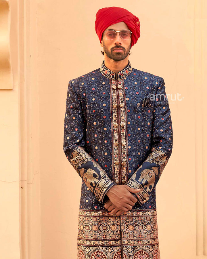 Blue Printed Lehenga Set and Men Kurta Set