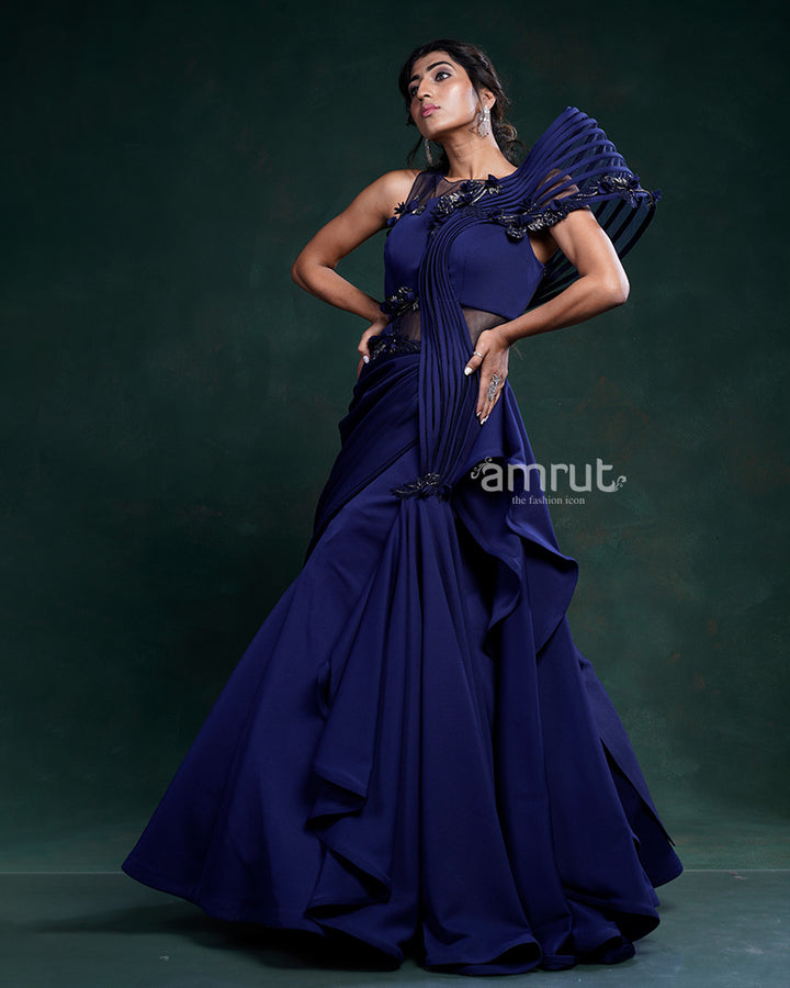 Blue Ruffle Layered Gown With Waistline Meticulously Embellished in Sequins