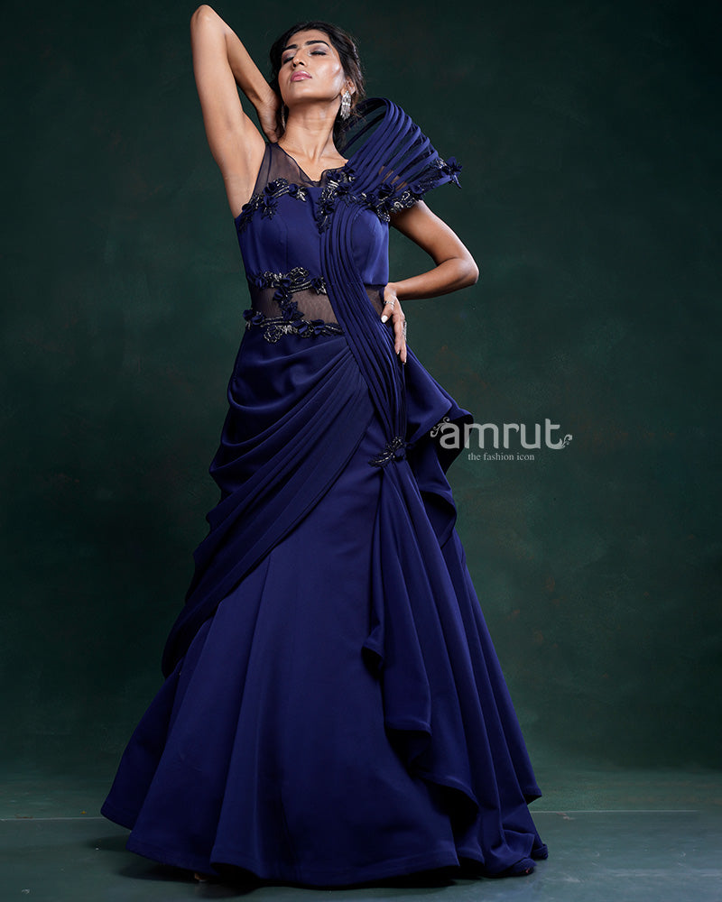 Blue Ruffle Layered Gown With Waistline Meticulously Embellished in Sequins
