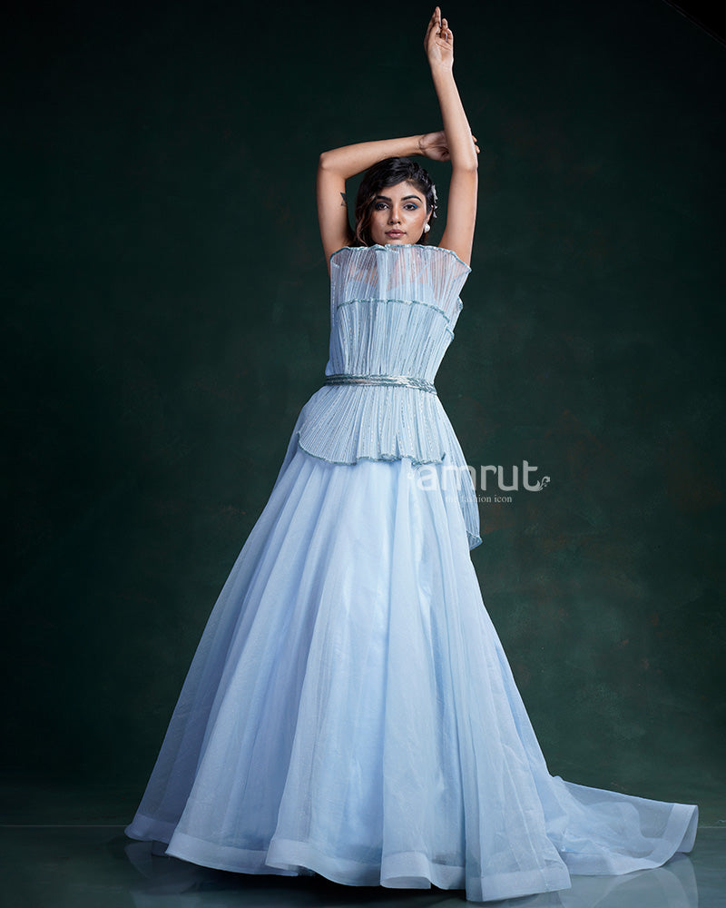 Blue Sequins Net Designer Gown