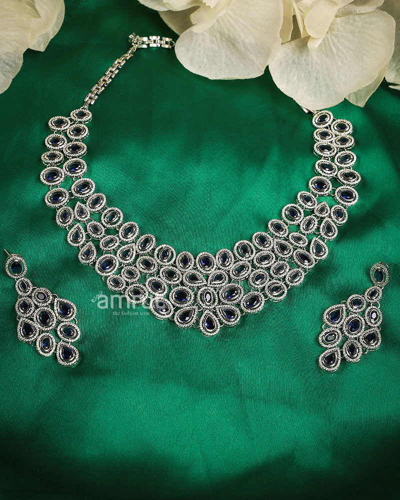 Blue Stone Studded Necklace Set With Earrings