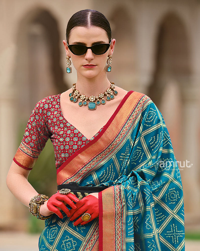 Blue Bandhani Printed Silk Saree with Unstitched Blouse 02