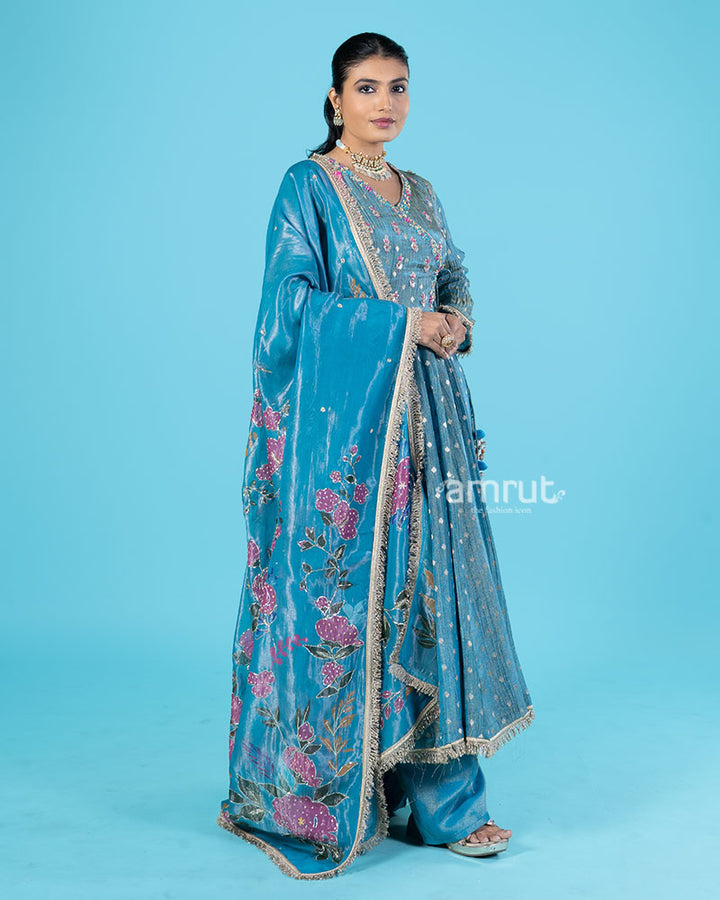 Blue Embellished Kameez with Palazzo Pants and Dupatta 05