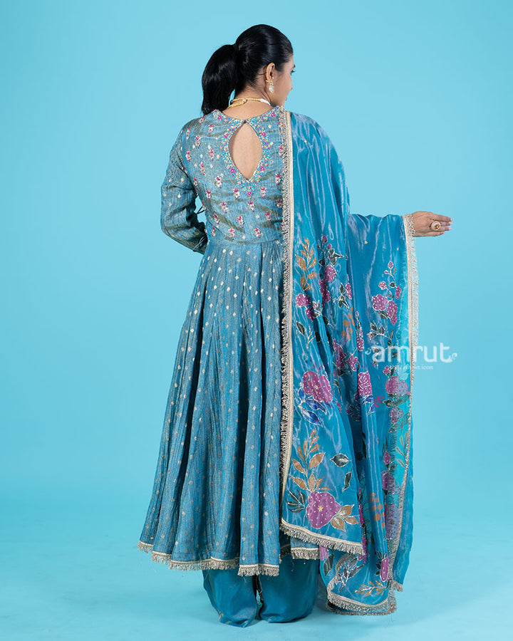 Blue Embellished Kameez with Palazzo Pants and Dupatta 06