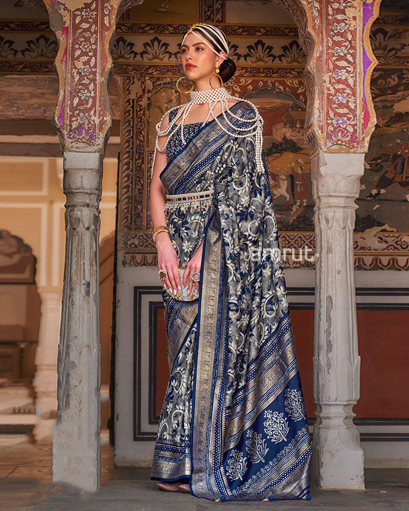 Blue Floral Printed Patola Saree with Zari Woven Border and Unstitched Blouse 01