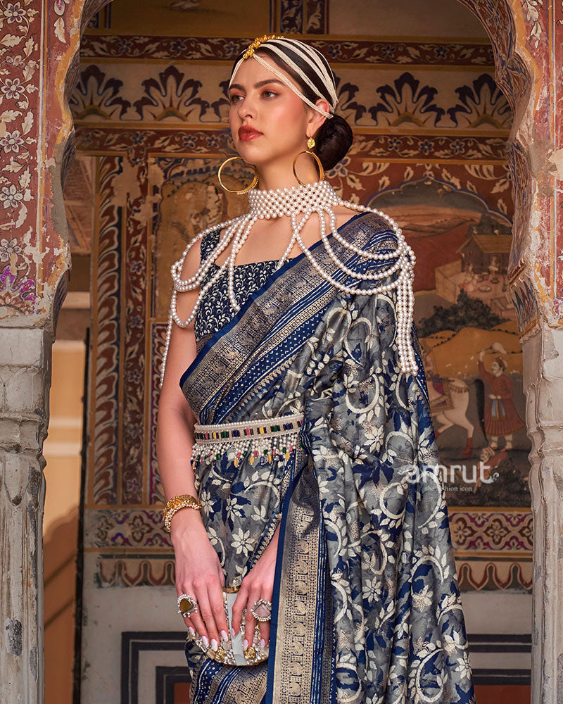 Blue Floral Printed Patola Saree with Zari Woven Border and Unstitched Blouse 02