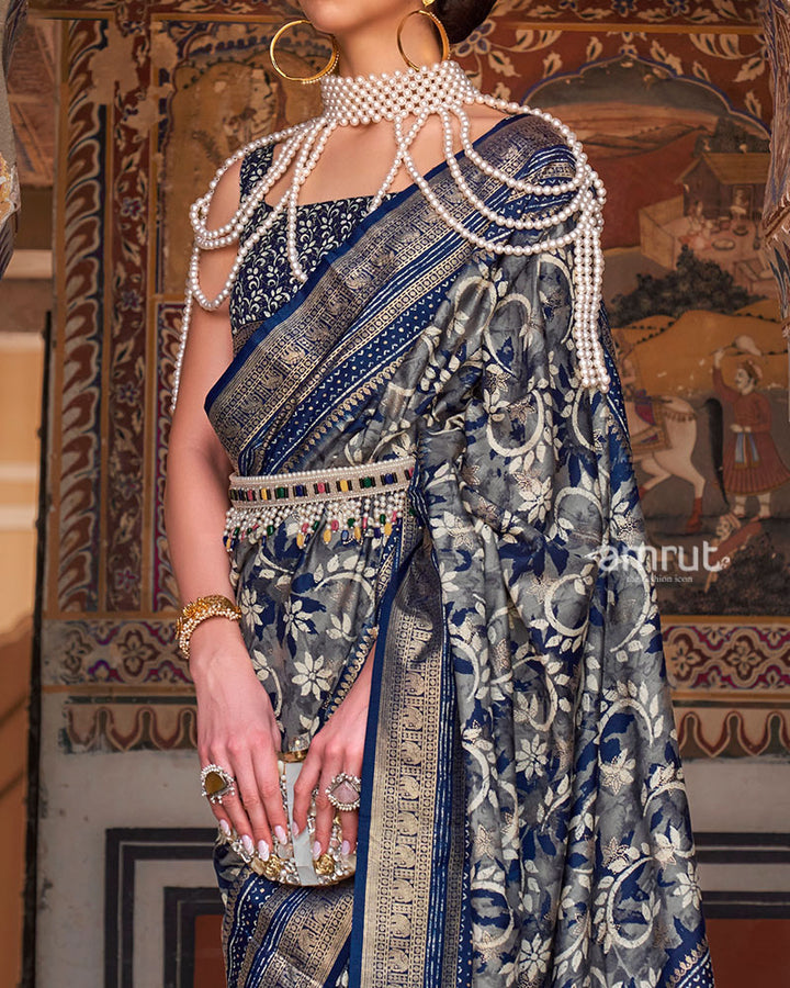 Blue Floral Printed Patola Saree with Zari Woven Border and Unstitched Blouse 03