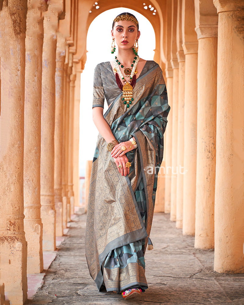 Blue Multicolor Zari Embellished Silk Saree with Unstitched Blouse 01