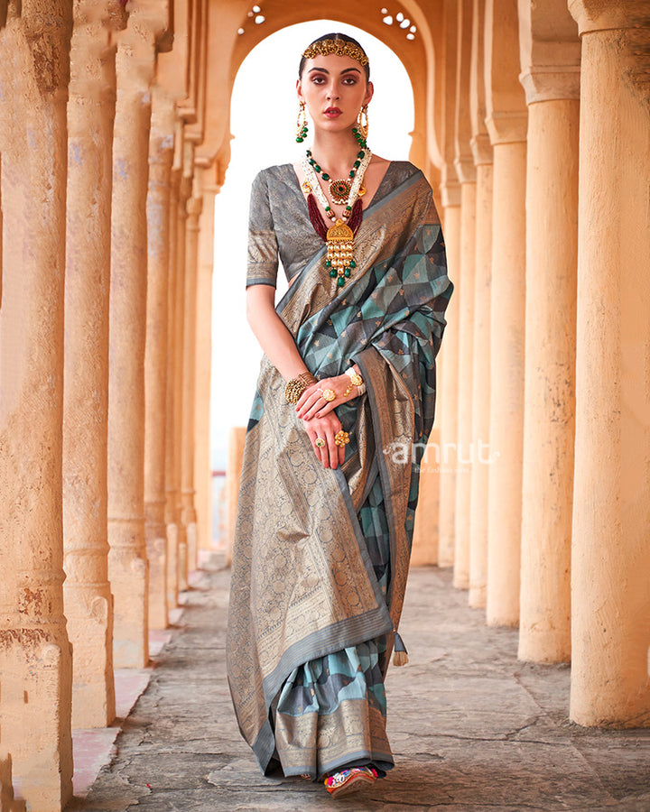 Blue Multicolor Zari Embellished Silk Saree with Unstitched Blouse 01