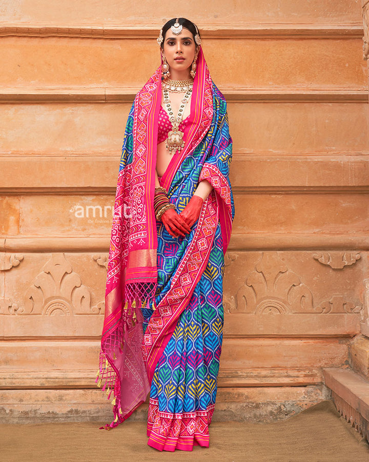 Blue Patola Printed Saree with Pink Zari Border and Unstitched Blouse 01
