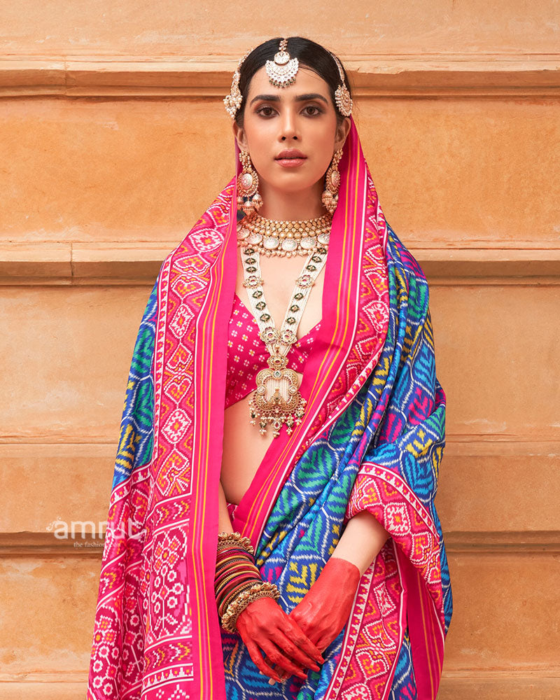 Blue Patola Printed Saree with Pink Zari Border and Unstitched Blouse 02