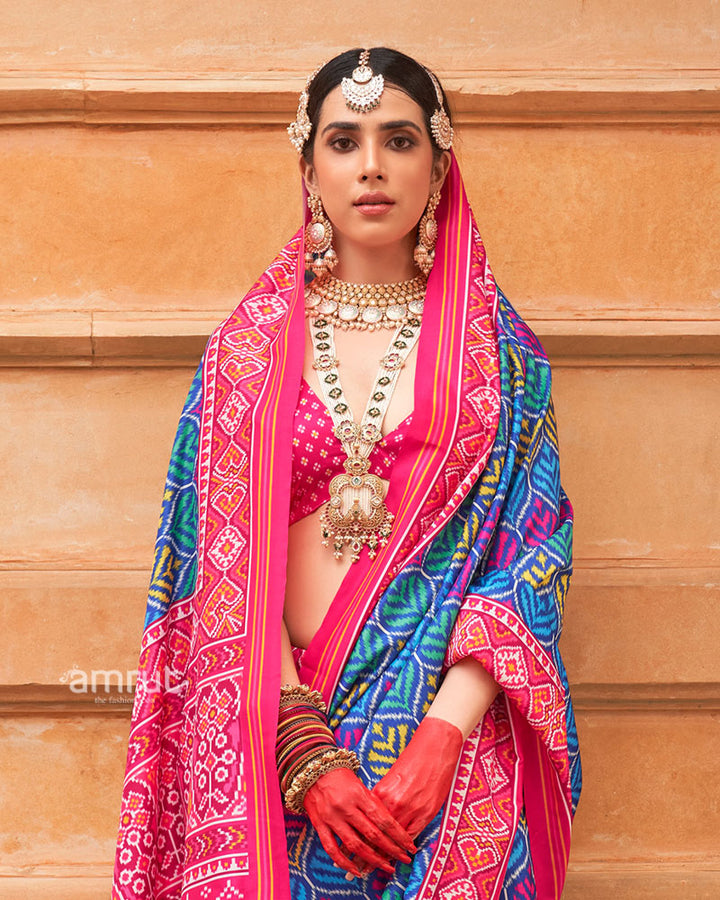Blue Patola Printed Saree with Pink Zari Border and Unstitched Blouse 02