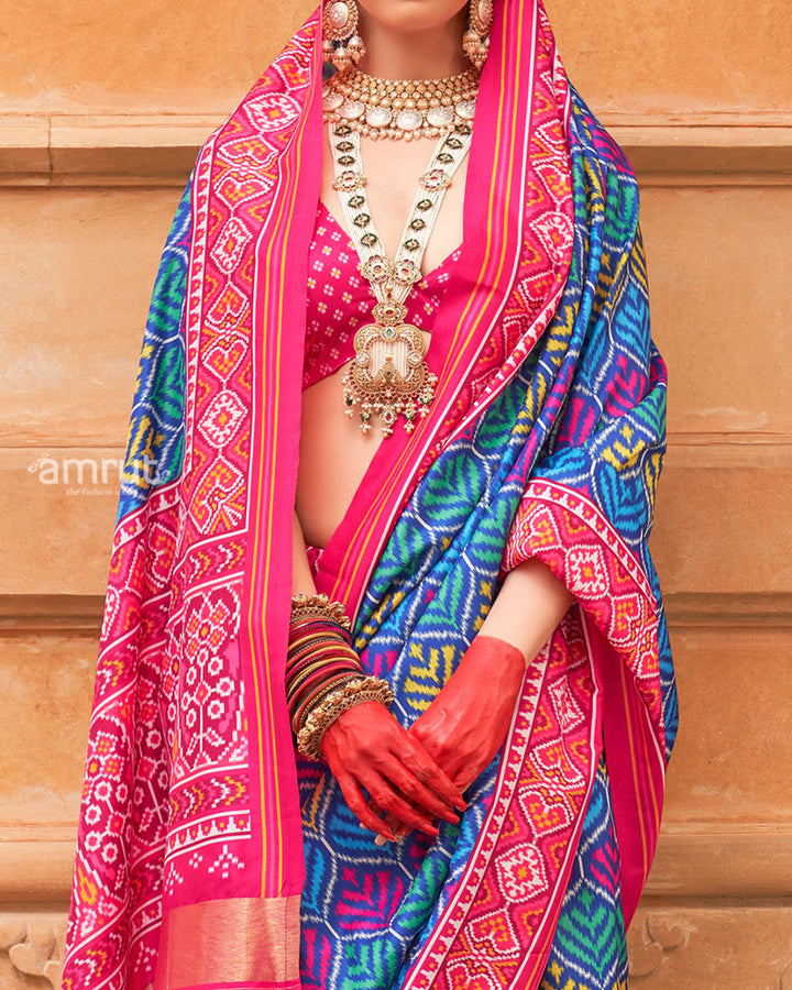 Blue Patola Printed Saree with Pink Zari Border and Unstitched Blouse 03