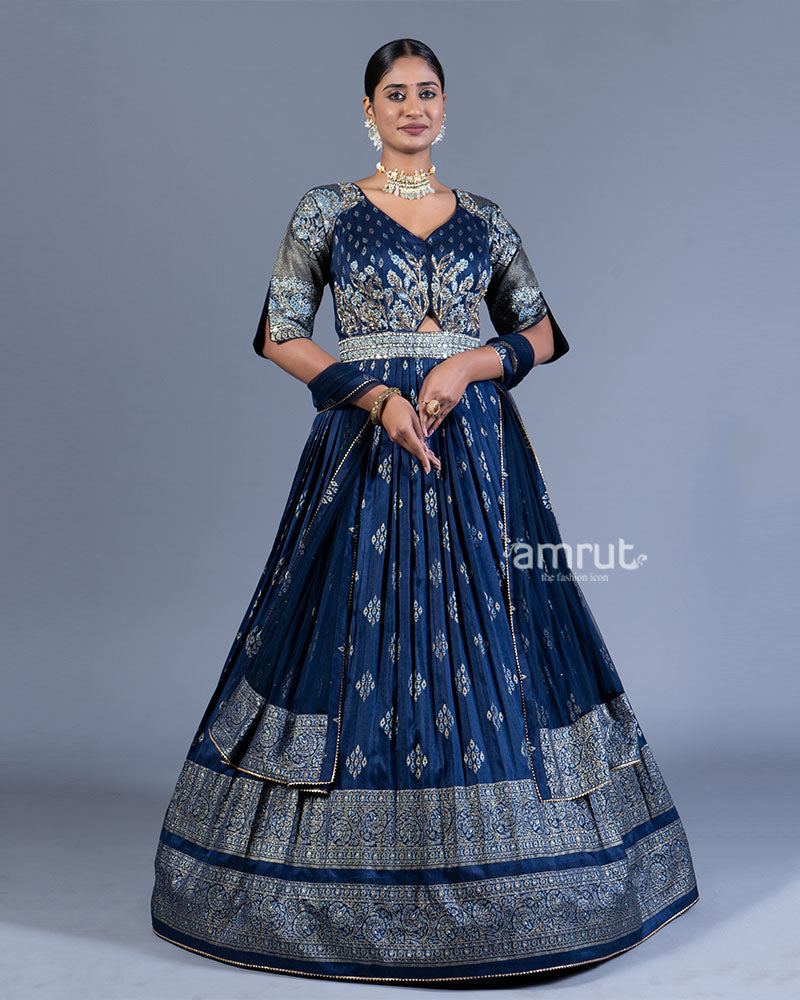 Blue Red Pleated Gown with Golden Embroidery and Dupatta 01