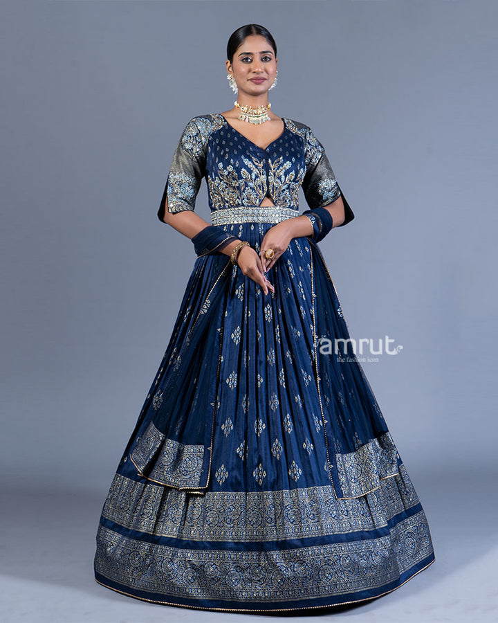 Blue Red Pleated Gown with Golden Embroidery and Dupatta 01