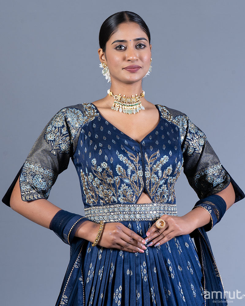 Blue Red Pleated Gown with Golden Embroidery and Dupatta 02