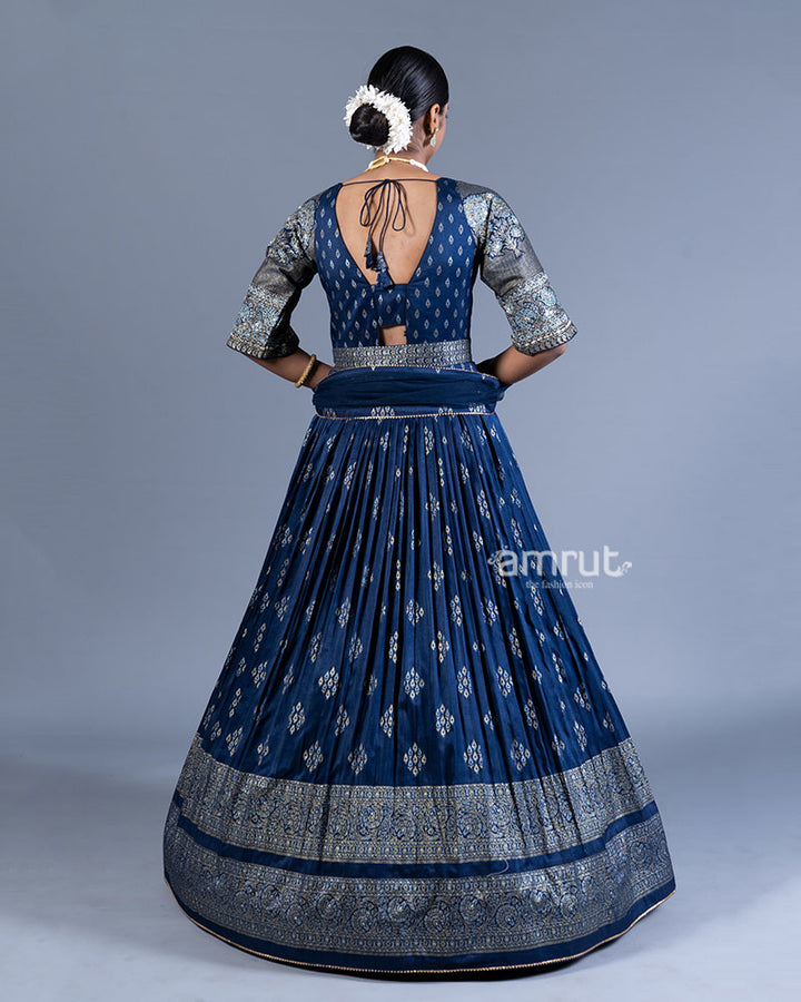 Blue Red Pleated Gown with Golden Embroidery and Dupatta 03