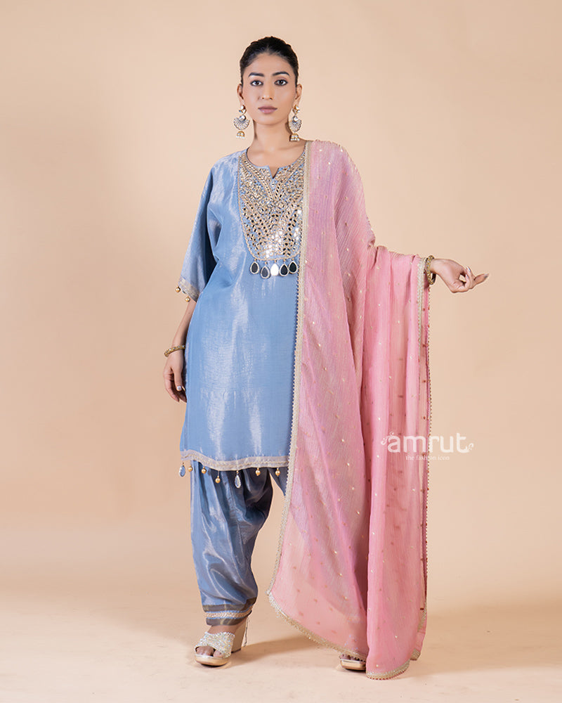 Blue Salwar Kameez with Tassel and Mirror Work, Paired with Pink Dupatta(01)