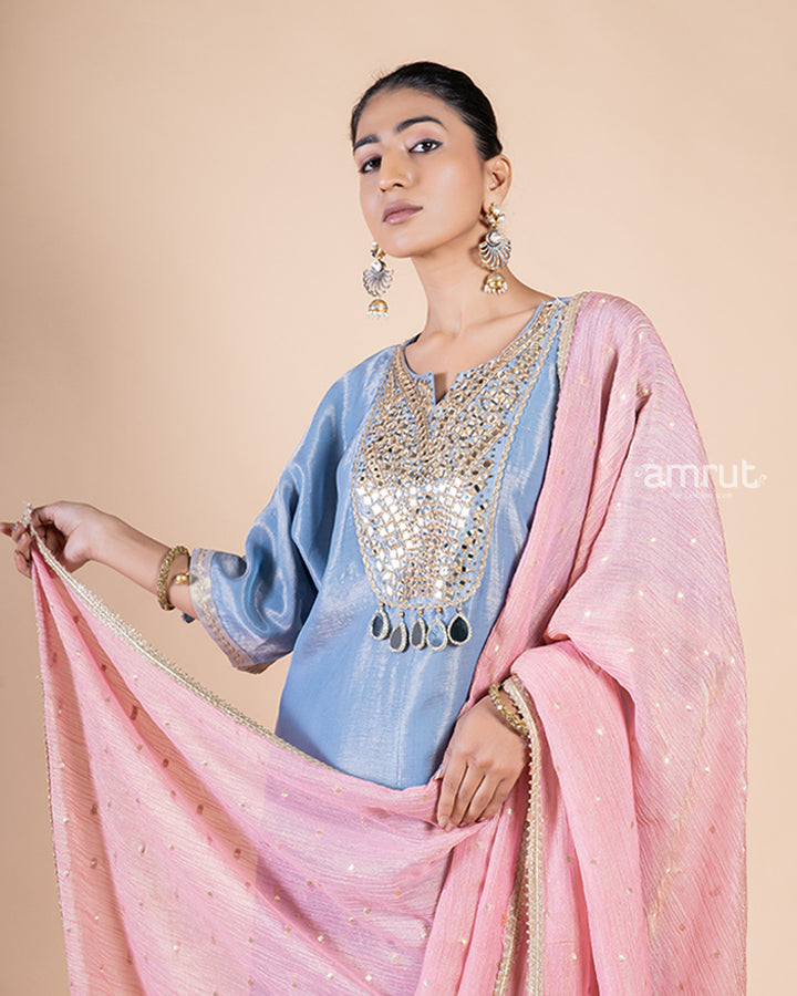 Blue Salwar Kameez with Tassel and Mirror Work, Paired with Pink Dupatta(02)