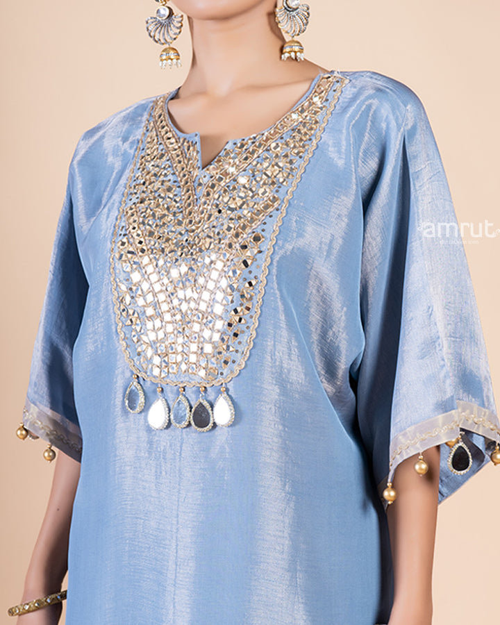 Blue Salwar Kameez with Tassel and Mirror Work, Paired with Pink Dupatta(03)