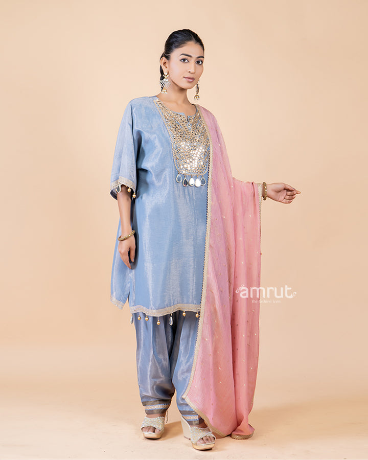 Blue Salwar Kameez with Tassel and Mirror Work, Paired with Pink Dupatta(04)