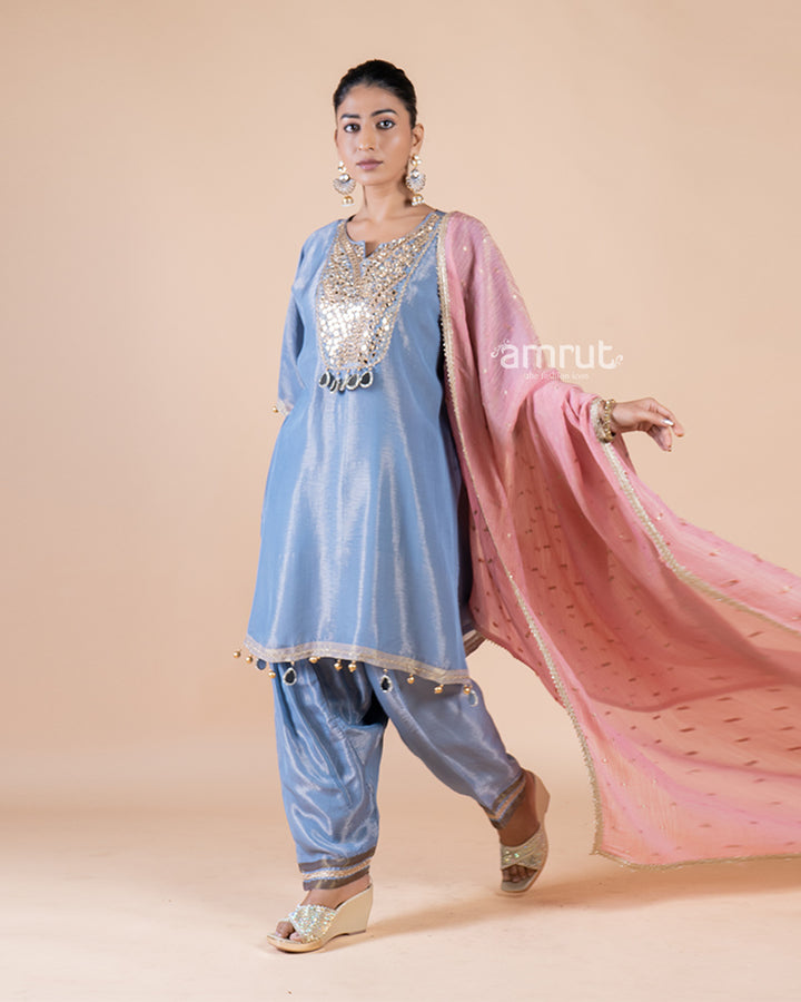Blue Salwar Kameez with Tassel and Mirror Work, Paired with Pink Dupatta(05)