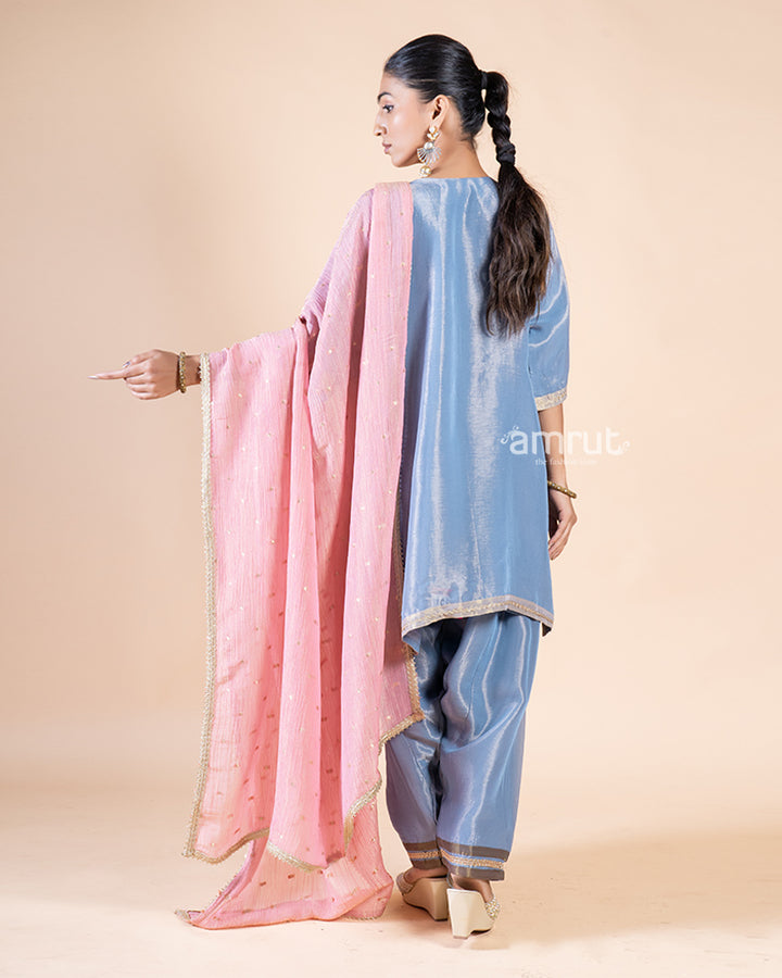 Blue Salwar Kameez with Tassel and Mirror Work, Paired with Pink Dupatta(06)