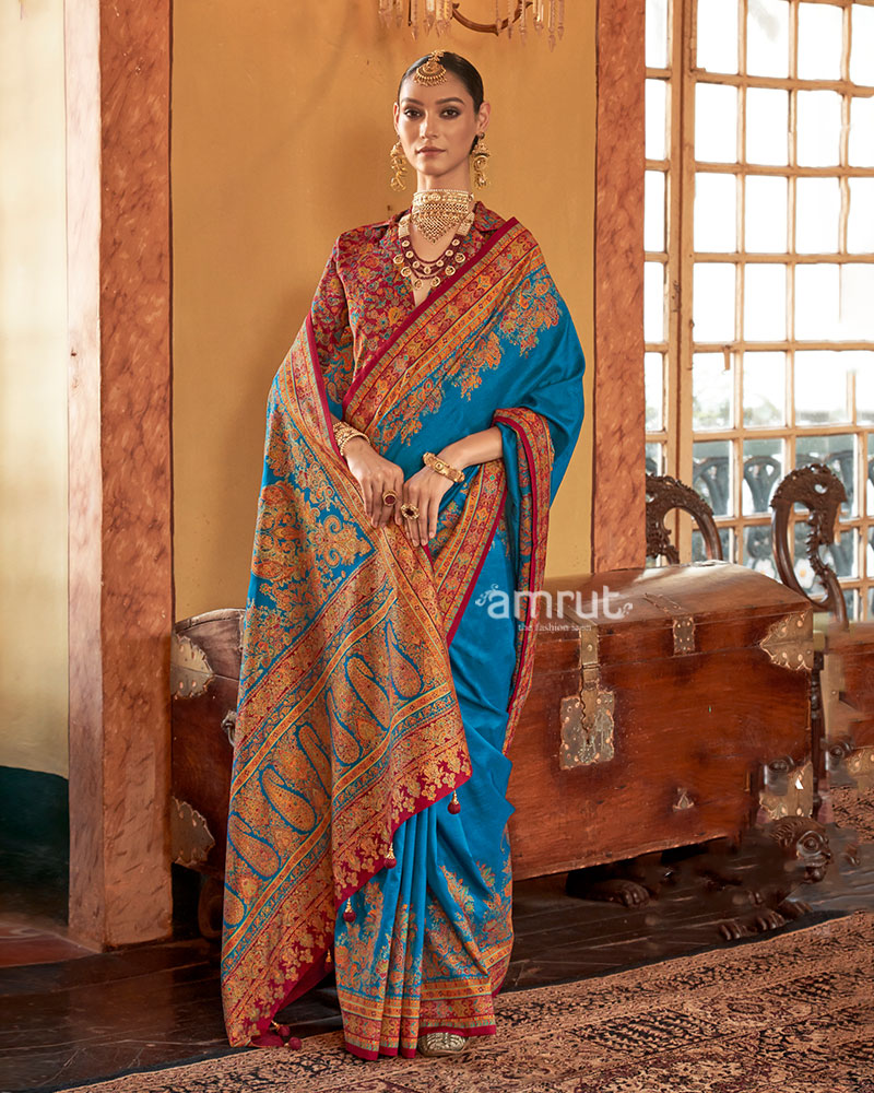 Blue Saree with Multicolored Paisley Print and Unstitched Blouse 01