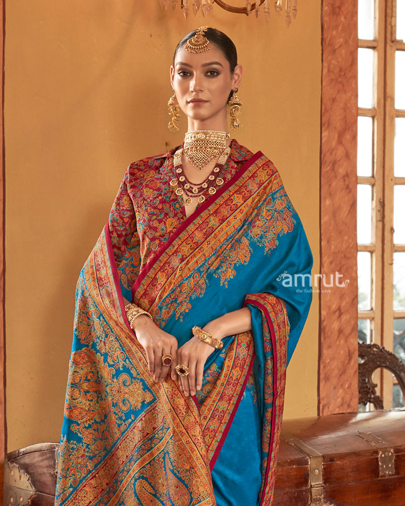 Blue Saree with Multicolored Paisley Print and Unstitched Blouse 02