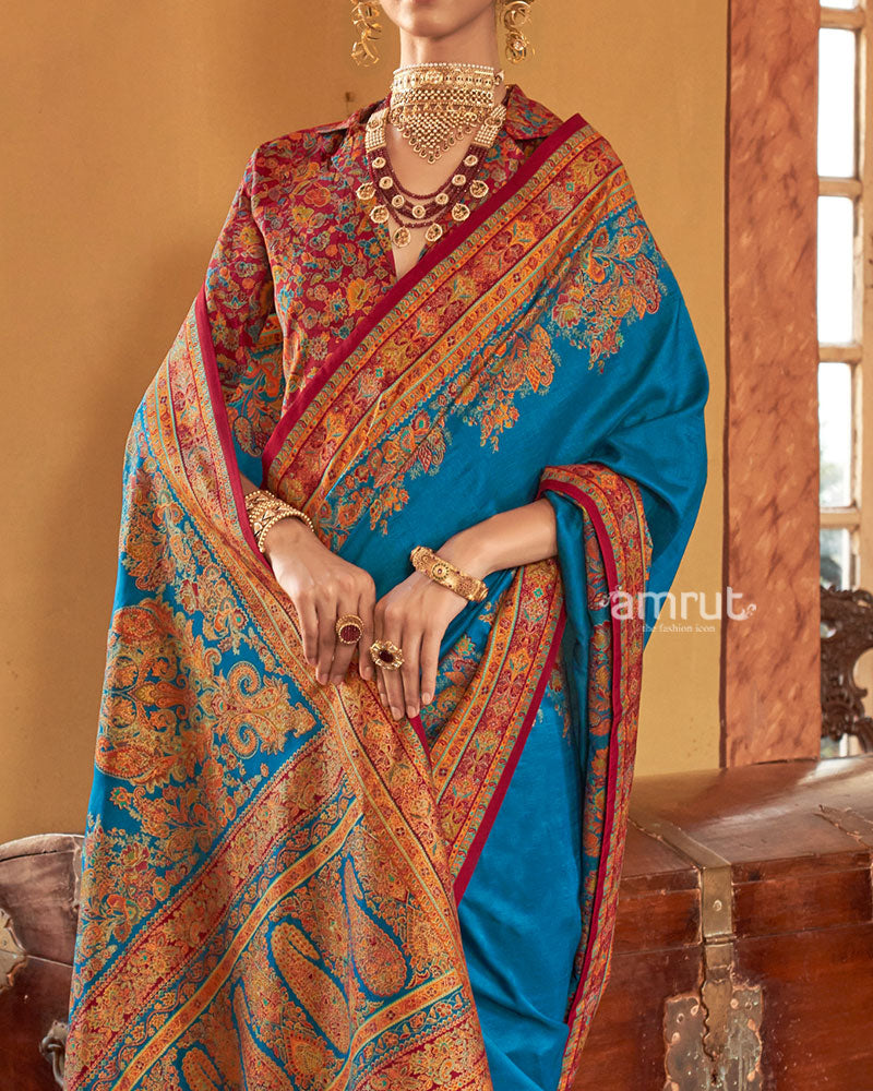 Blue Saree with Multicolored Paisley Print and Unstitched Blouse 03