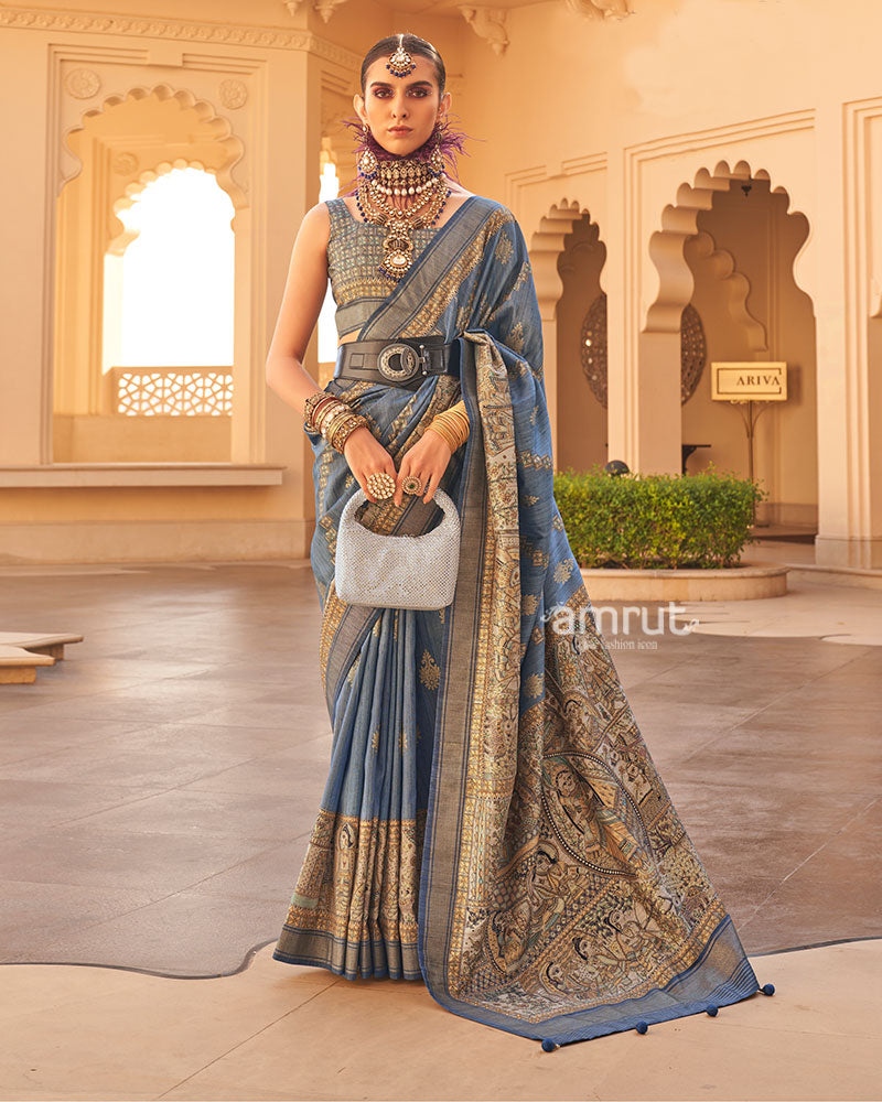 Blue Zari Embellished Border Printed Silk Saree with Unstitched Blouse 01