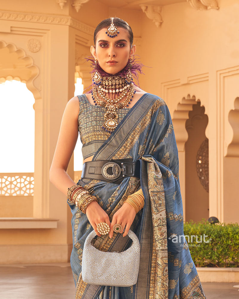 Blue Zari Embellished Border Printed Silk Saree with Unstitched Blouse 02