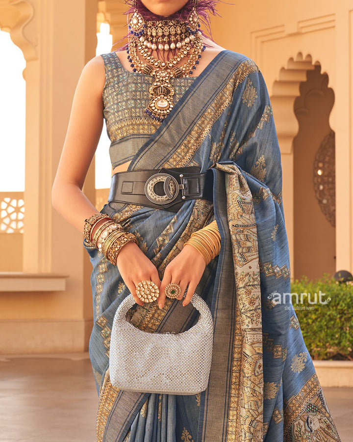Blue Zari Embellished Border Printed Silk Saree with Unstitched Blouse 03