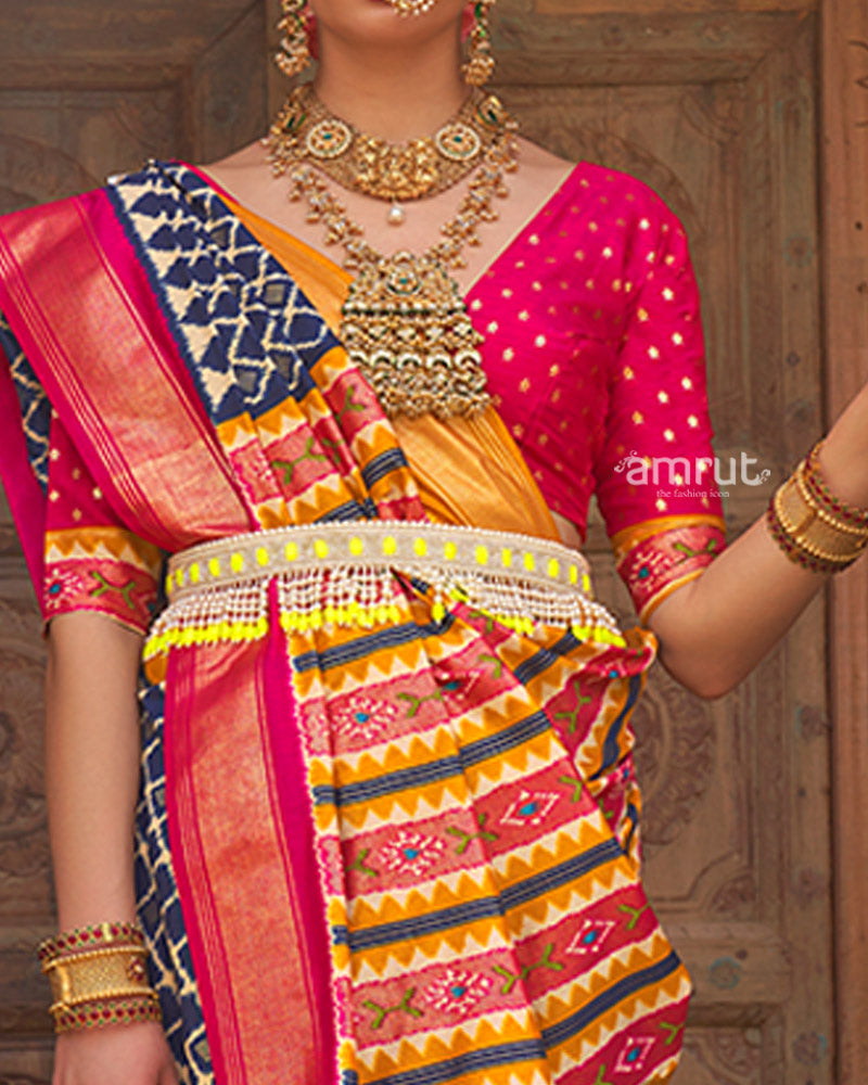 Blue Zari Woven Patola Silk Saree with Unstitched Blouse 03
