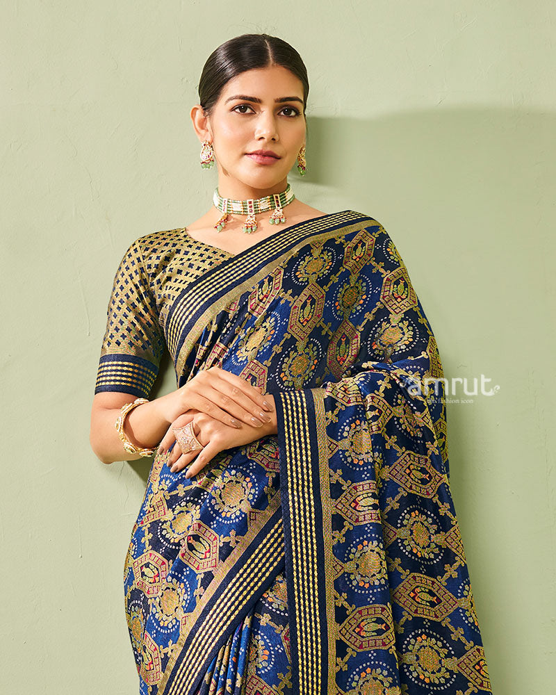 Blue and Golden Floral-Pattern Georgette Saree with Unstitched Blouse 02
