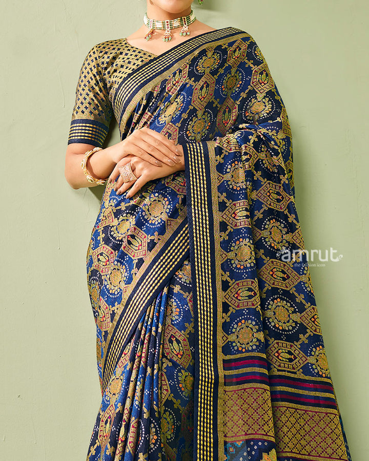 Blue and Golden Floral-Pattern Georgette Saree with Unstitched Blouse 03