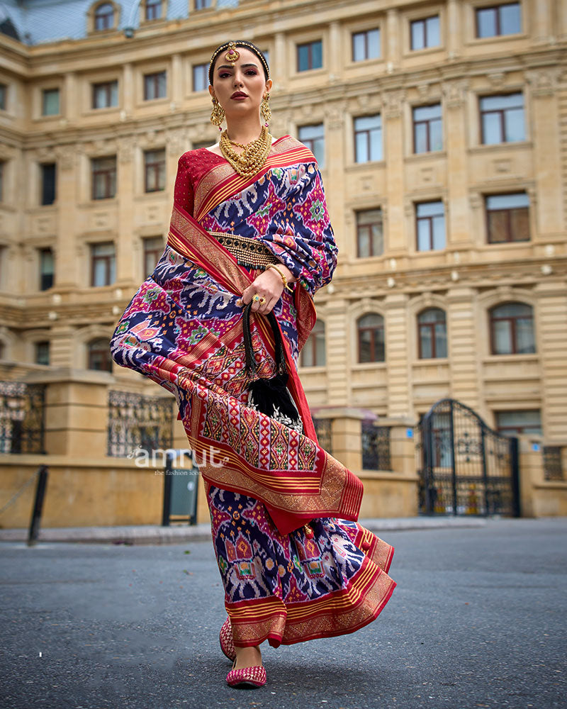 Blue and Multicolor Patola Printed Saree with Zari Border & Unstitched Blouse 01