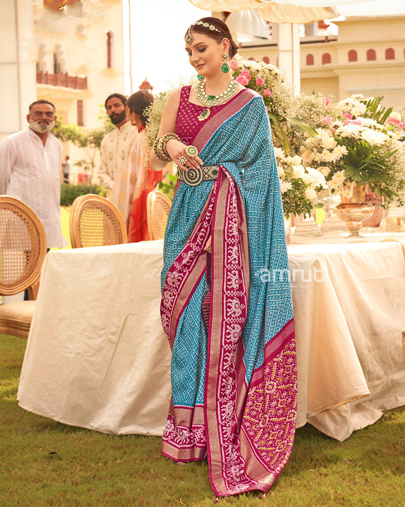 Blue and Pink Blue Zari Border Patola Silk Saree with Unstitched Blouse 01