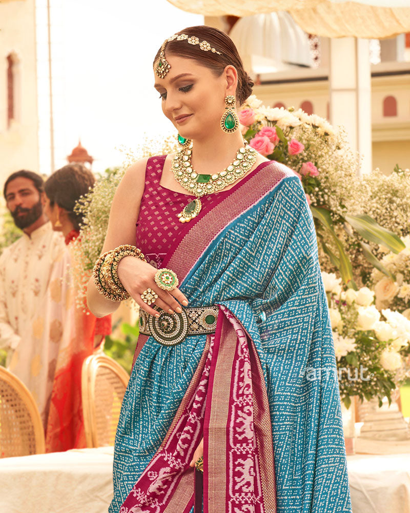 Blue and Pink Blue Zari Border Patola Silk Saree with Unstitched Blouse 02