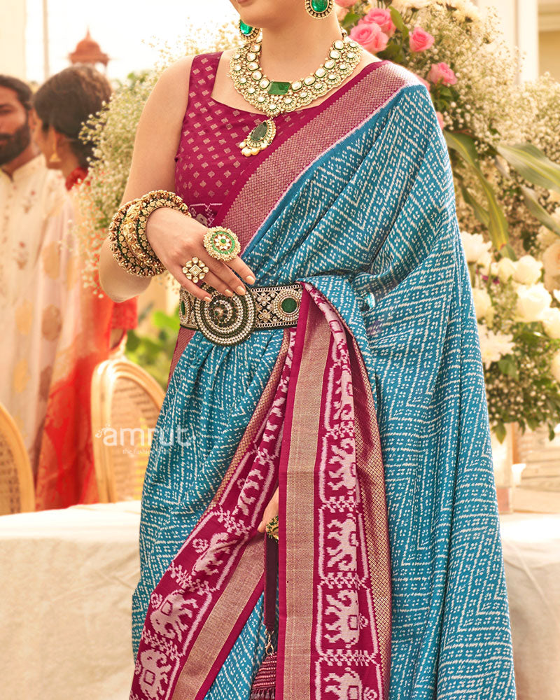 Blue and Pink Blue Zari Border Patola Silk Saree with Unstitched Blouse 03