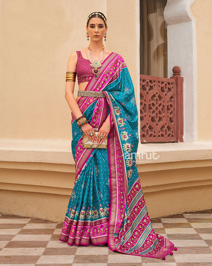 Blue and Pink Ethnic Printed Patola Silk Saree with Unstitched Blouse 01
