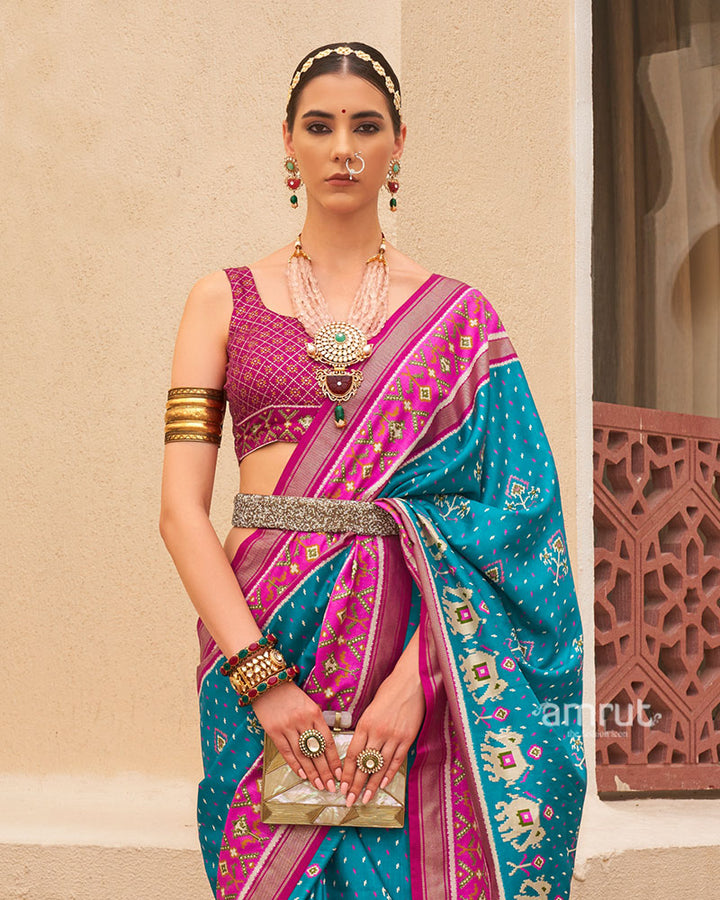 Blue and Pink Ethnic Printed Patola Silk Saree with Unstitched Blouse 02