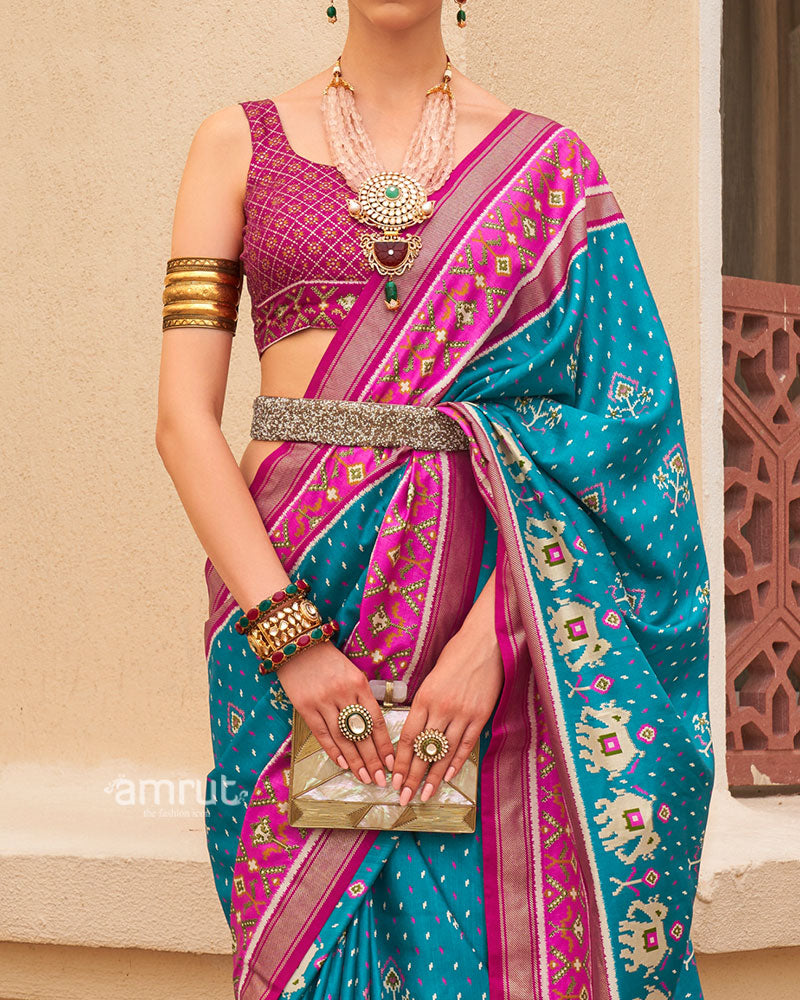 Blue and Pink Ethnic Printed Patola Silk Saree with Unstitched Blouse 03