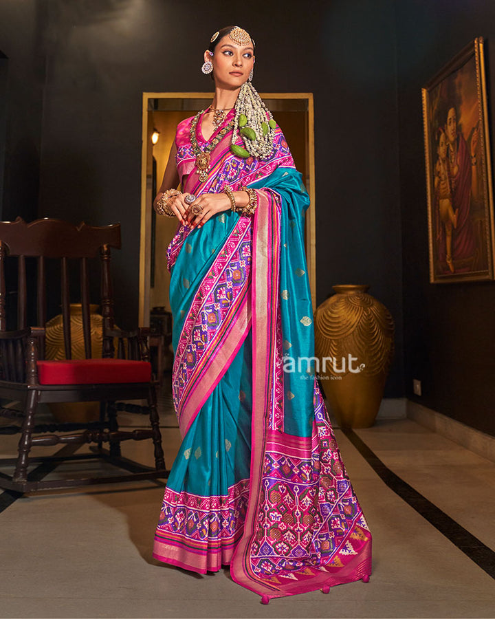 Blue and Pink Printed Border Traditional Saree with Unstitched Blouse 01