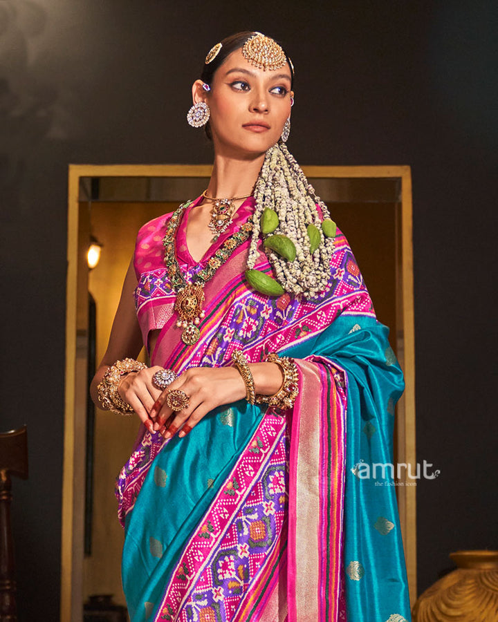 Blue and Pink Printed Border Traditional Saree with Unstitched Blouse 02