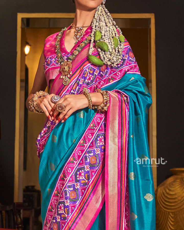 Blue and Pink Printed Border Traditional Saree with Unstitched Blouse 03