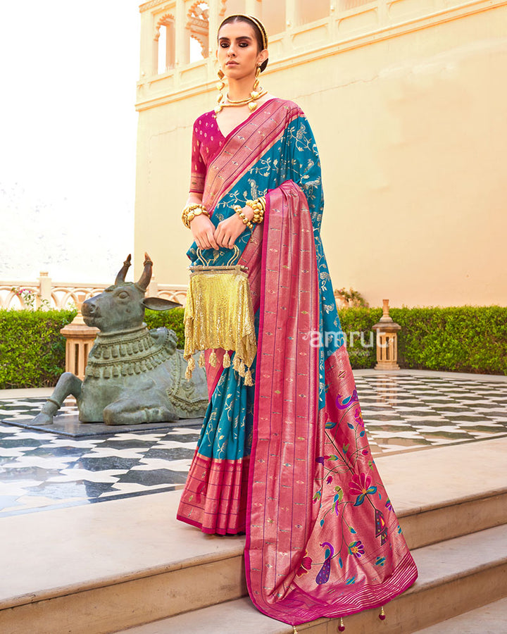 Blue and Pink contrast Border Zari weaving Paithani Silk Saree with Unstitched Blouse 01