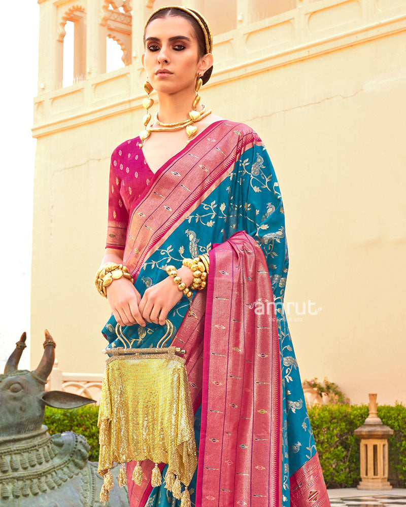 Blue and Pink contrast Border Zari weaving Paithani Silk Saree with Unstitched Blouse 02